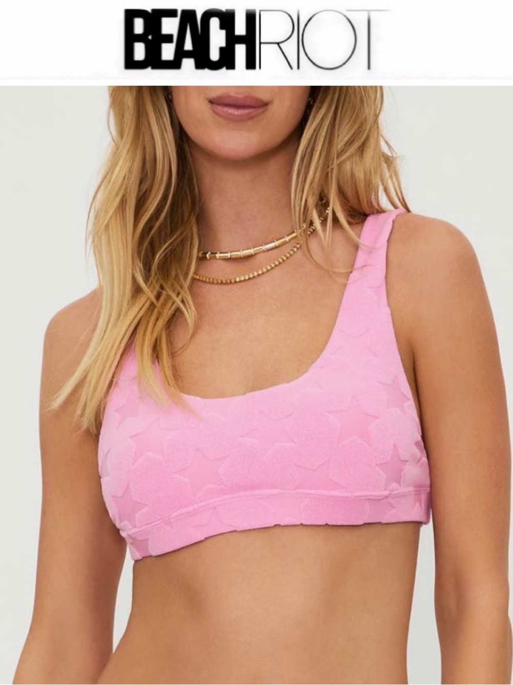 Beach Riot Peyton Bikini Top Pink Star-Embossed Scoop Bralette XS NWT $98